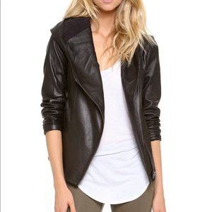 Helmet black hooded lamb leather jacket